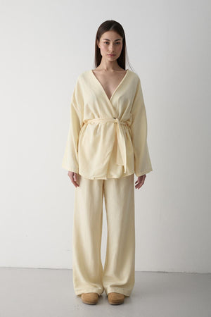 Sarı Pamuklu Kimono Bol Paça Pantolon Takım