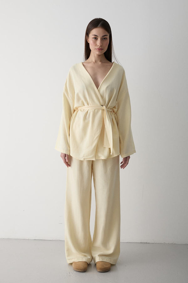 Sarı Pamuklu Kimono Bol Paça Pantolon Takım
