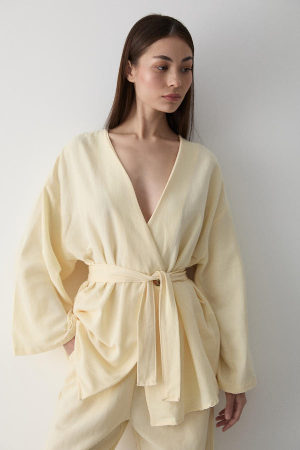 Sarı Pamuklu Kimono Bol Paça Pantolon Takım