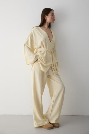 Sarı Pamuklu Kimono Bol Paça Pantolon Takım