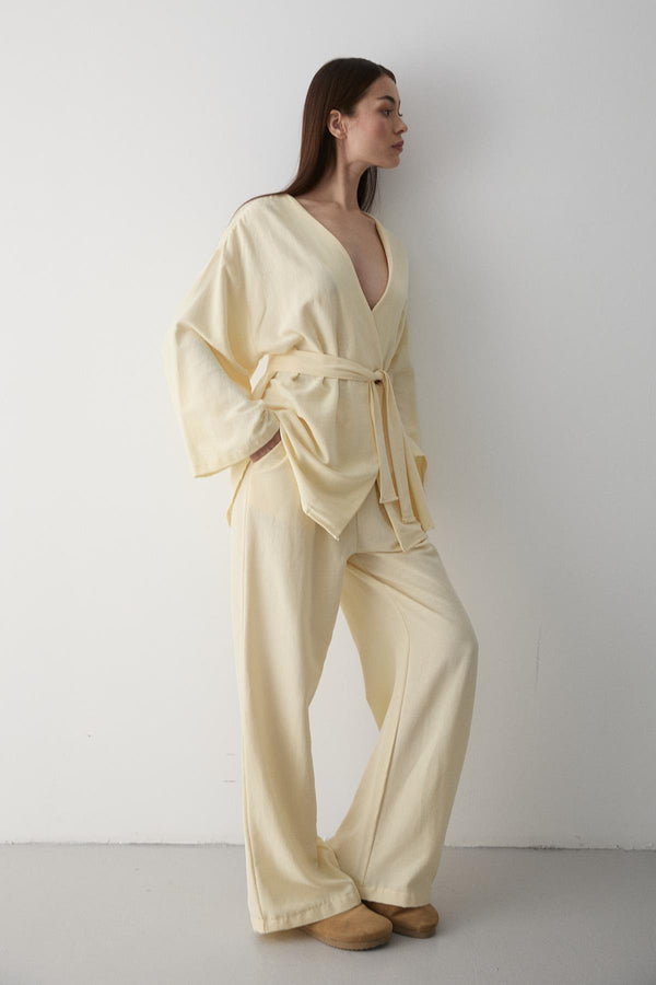 Sarı Pamuklu Kimono Bol Paça Pantolon Takım