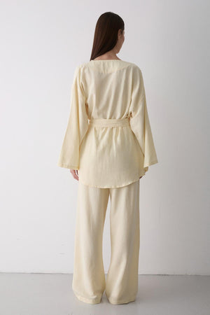 Sarı Pamuklu Kimono Bol Paça Pantolon Takım