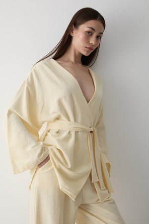 Sarı Pamuklu Kimono Bol Paça Pantolon Takım