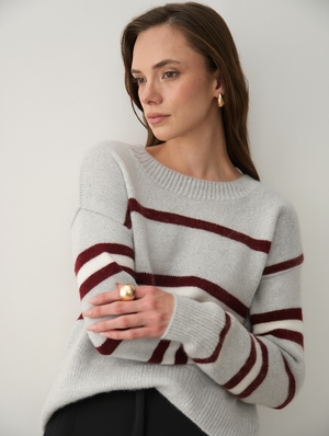 Bordo Renkli Çizgili Oversize Triko Kazak - 2516