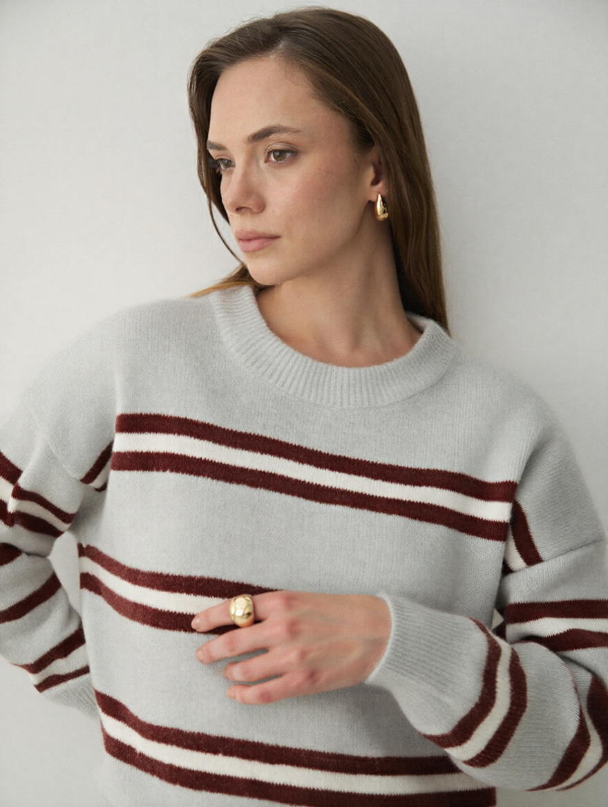 Bordo Renkli Çizgili Oversize Triko Kazak - 2516