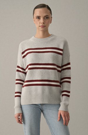 Bordo Renkli Çizgili Oversize Triko Kazak - 2516