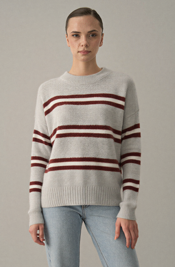 Bordo Renkli Çizgili Oversize Triko Kazak - 2516