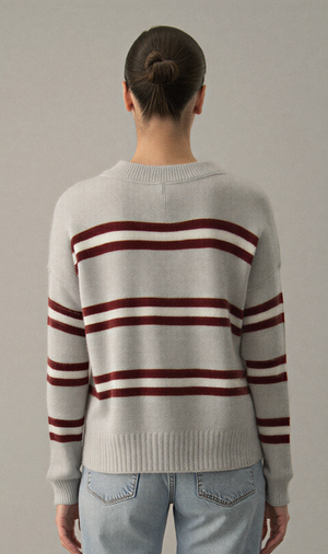 Bordo Renkli Çizgili Oversize Triko Kazak - 2516