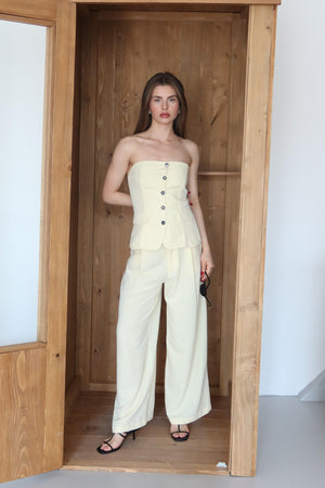 Sarı Straplez Bol Paça Pantolon Takım