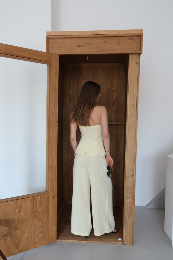 Sarı Straplez Bol Paça Pantolon Takım