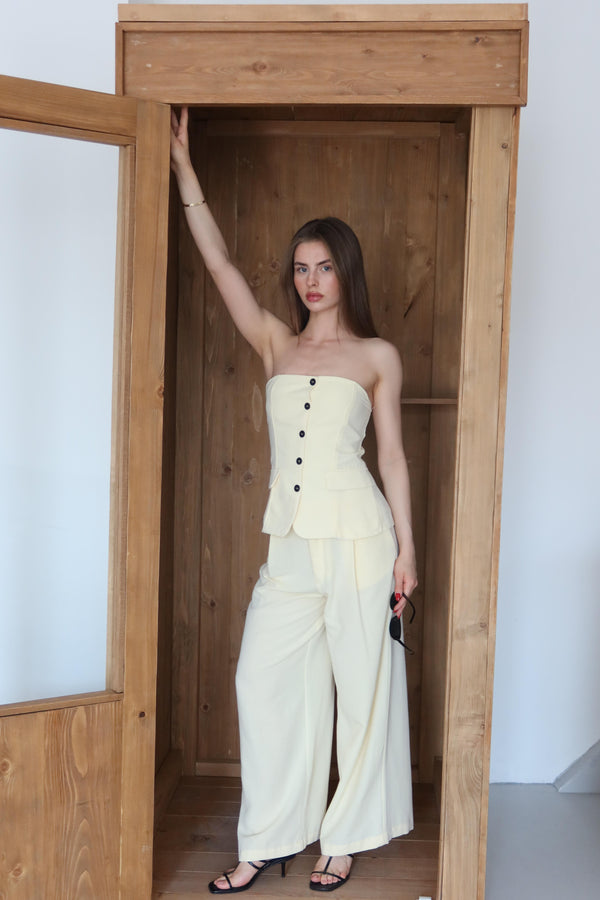 Sarı Straplez Bol Paça Pantolon Takım