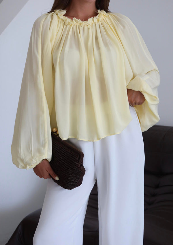 Sarı Yakası Büzgülü Yarasa Kol Bluz