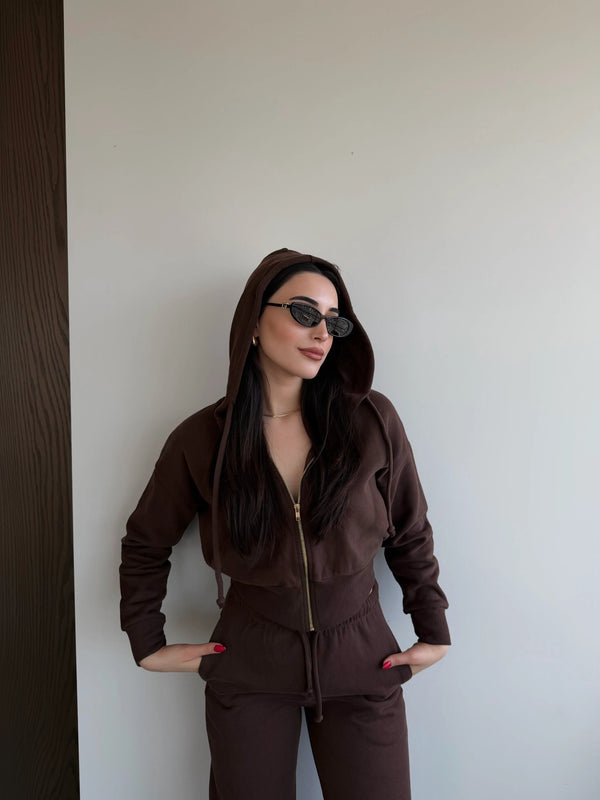 Kahverengi %100 Pamuk Kapüşonlu Fitilli Takım - 51232