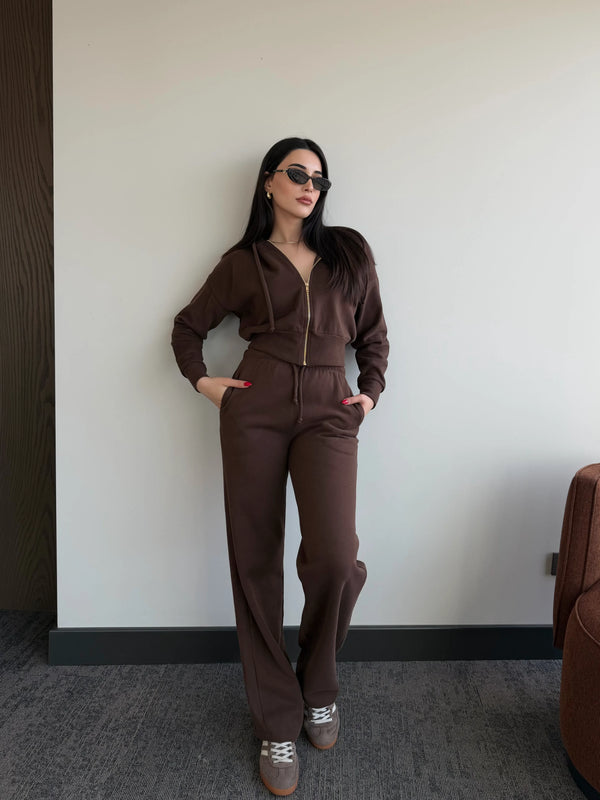 Kahverengi %100 Pamuk Kapüşonlu Fitilli Takım - 51232