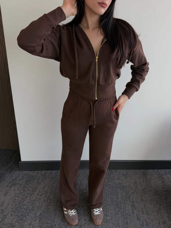 Kahverengi %100 Pamuk Kapüşonlu Fitilli Takım - 51232