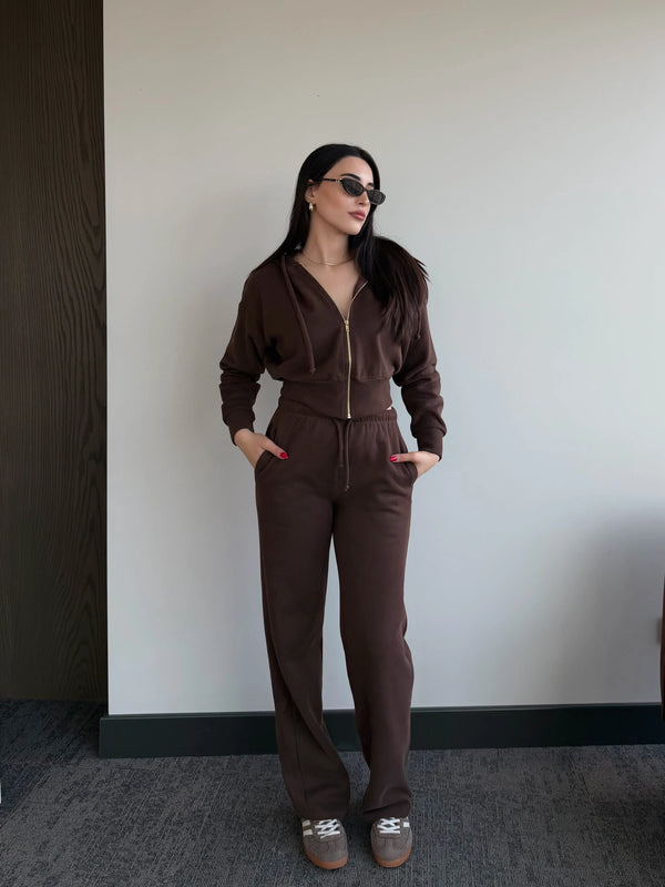 Kahverengi %100 Pamuk Kapüşonlu Fitilli Takım - 51232