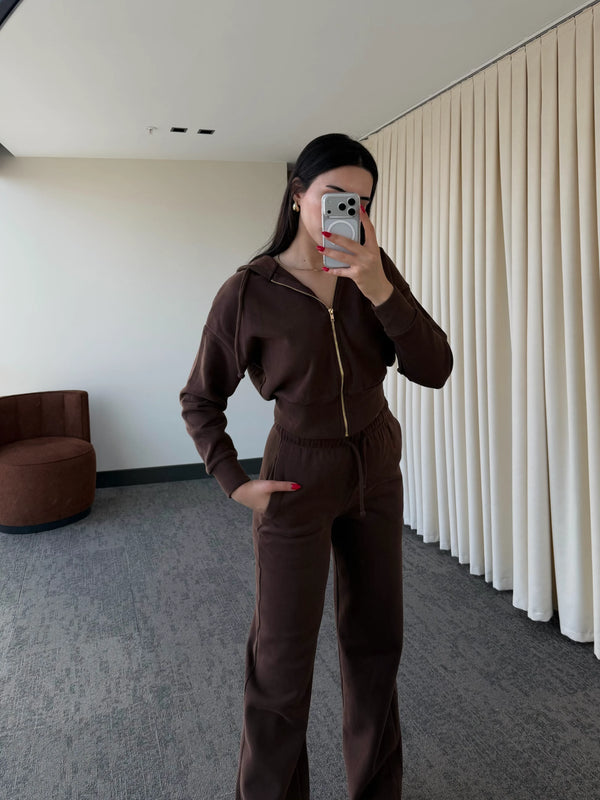 Kahverengi %100 Pamuk Kapüşonlu Fitilli Takım - 51232