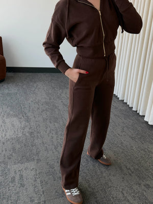 Kahverengi %100 Pamuk Kapüşonlu Fitilli Takım - 51232