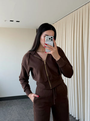 Kahverengi %100 Pamuk Kapüşonlu Fitilli Takım - 51232