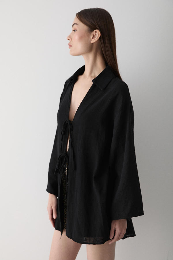 Siyah %100 Pamuk Keten Bağcık Detaylı Kimono Bluz