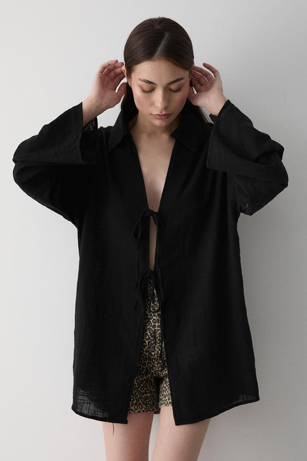 Siyah %100 Pamuk Keten Bağcık Detaylı Kimono Bluz