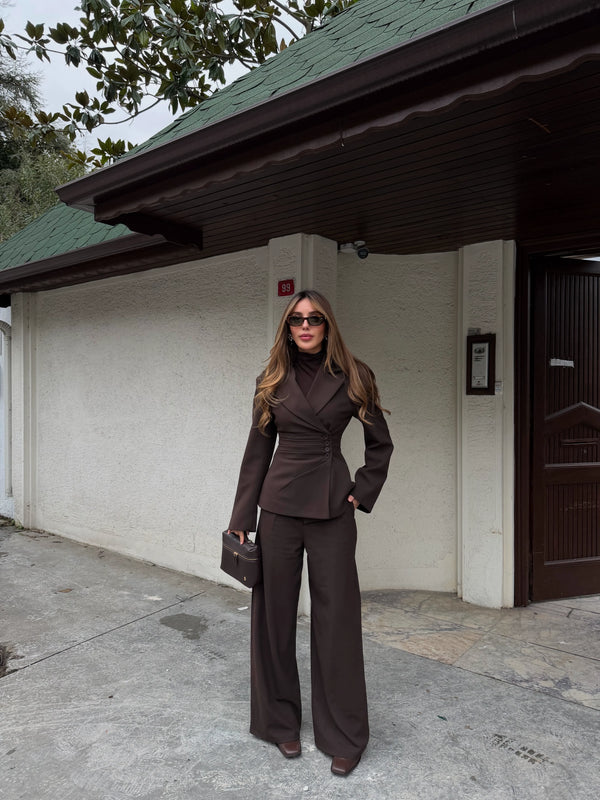 Kahverengi 4 Yan Düğmeli Ceket Pantolon Takım - 202602