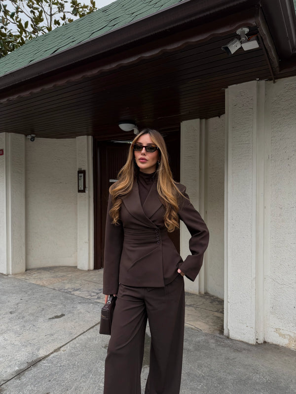 Kahverengi 4 Yan Düğmeli Ceket Pantolon Takım - 202602