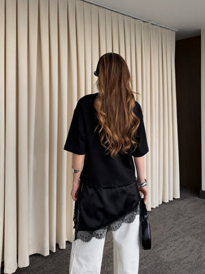 Siyah Asimetrik Dantelli Bluz - 0771