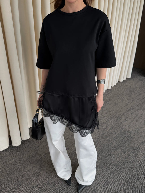 Siyah Asimetrik Dantelli Bluz - 0771