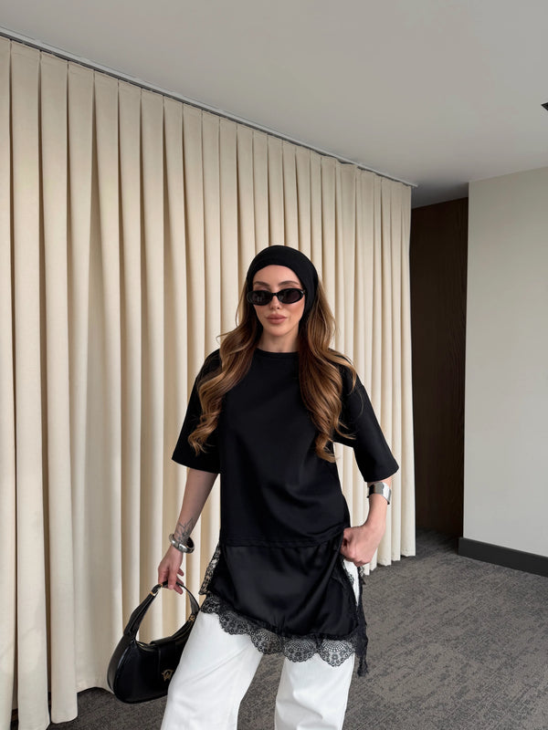 Siyah Asimetrik Dantelli Bluz - 0771