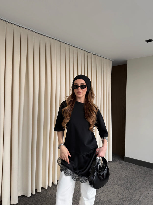 Siyah Asimetrik Dantelli Bluz - 0771