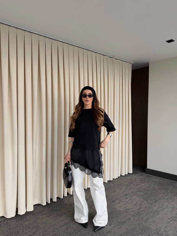 Siyah Asimetrik Dantelli Bluz - 0771