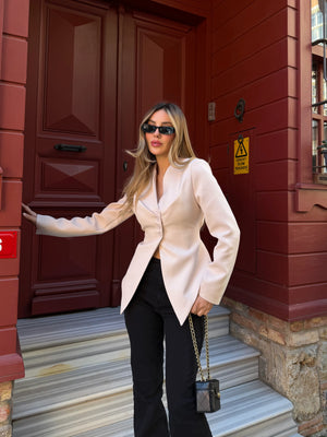 Bej Asimetrik Kesim Kuşaklı Ceket - 3001