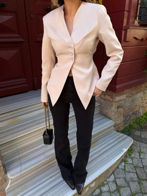 Bej Asimetrik Kesim Kuşaklı Ceket - 3001