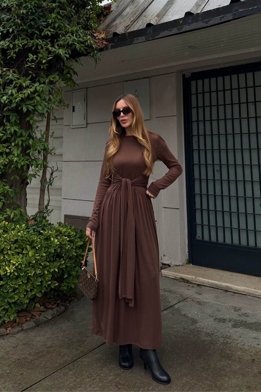 Kahverengi Bağlamalı Elbise - 4988