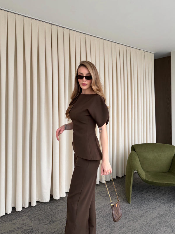 Kahverengi Balon Kol Asimetrik Bluz Pantolon Takım - 25194