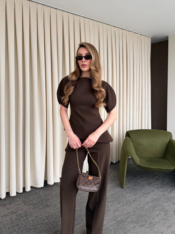 Kahverengi Balon Kol Asimetrik Bluz Pantolon Takım - 25194