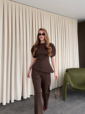 Kahverengi Balon Kol Asimetrik Bluz Pantolon Takım - 25194