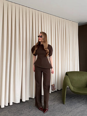 Kahverengi Balon Kol Asimetrik Bluz Pantolon Takım - 25194