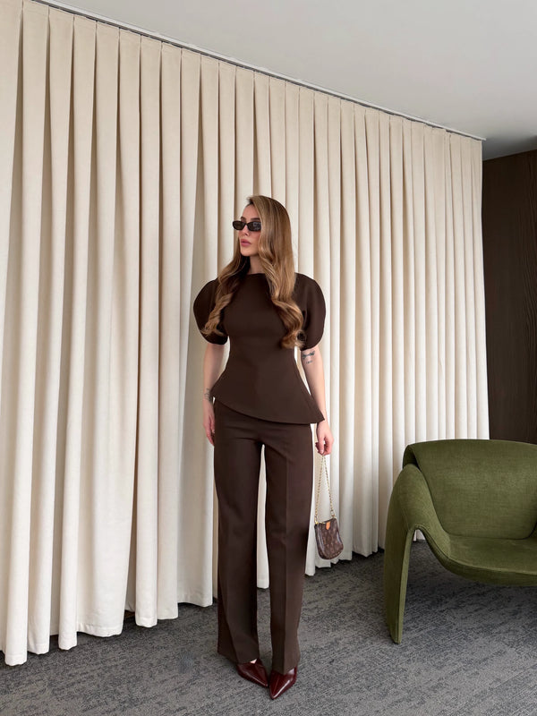 Kahverengi Balon Kol Asimetrik Bluz Pantolon Takım - 25194