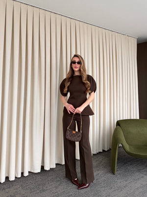 Kahverengi Balon Kol Asimetrik Bluz Pantolon Takım - 25194