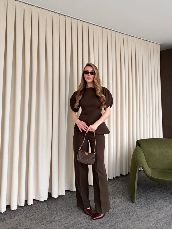 Kahverengi Balon Kol Asimetrik Bluz Pantolon Takım - 25194