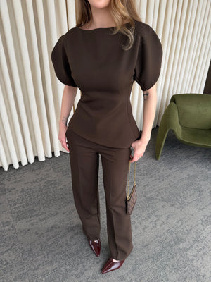 Kahverengi Balon Kol Asimetrik Bluz Pantolon Takım - 25194