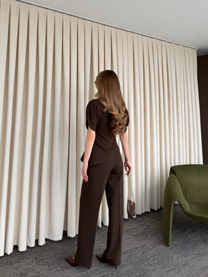 Kahverengi Balon Kol Asimetrik Bluz Pantolon Takım - 25194