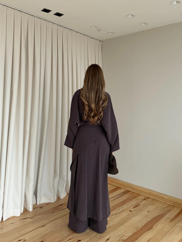 Kahverengi Bandana/Bel Kemer Aksesuarlı Kimono Takım - 8832