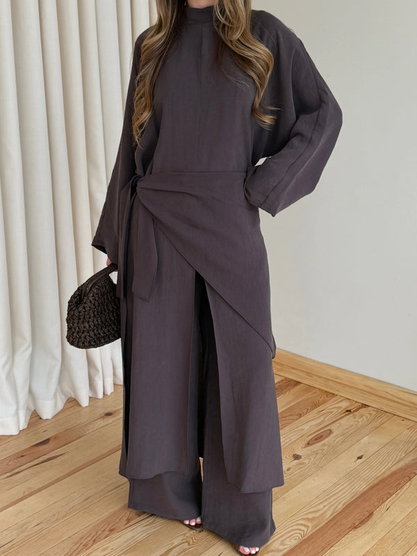 Kahverengi Bandana/Bel Kemer Aksesuarlı Kimono Takım - 8832