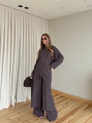 Kahverengi Bandana/Bel Kemer Aksesuarlı Kimono Takım - 8832