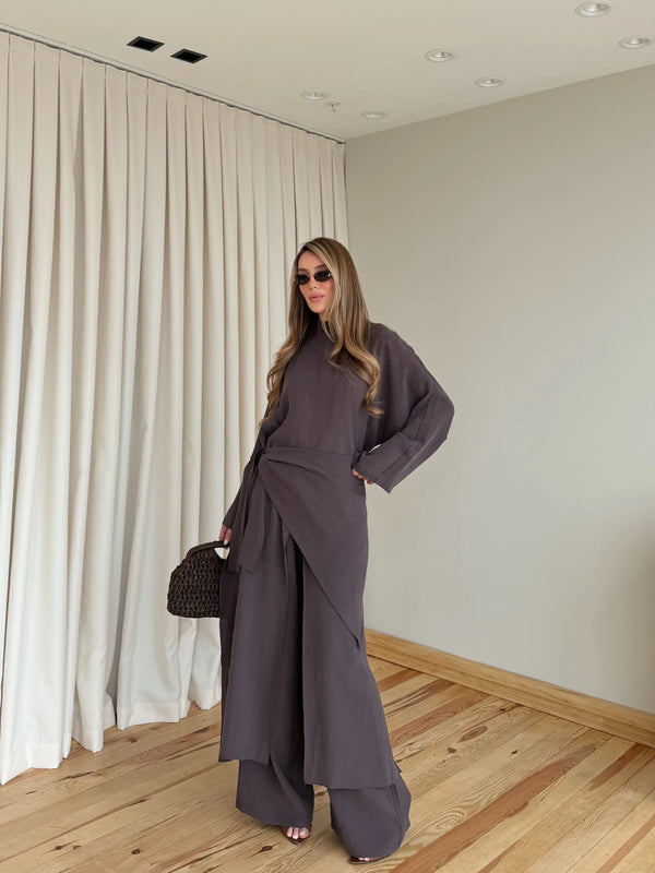 Kahverengi Bandana/Bel Kemer Aksesuarlı Kimono Takım - 8832