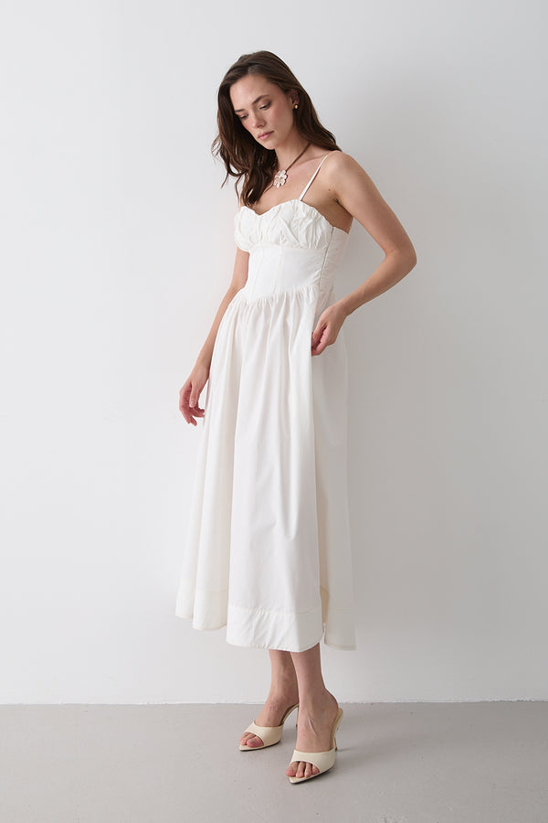 Beyaz Bel Detaylı Poplin Elbise - 2001