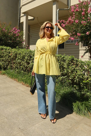 Sarı Bel Detaylı Vual Keten Gömlek